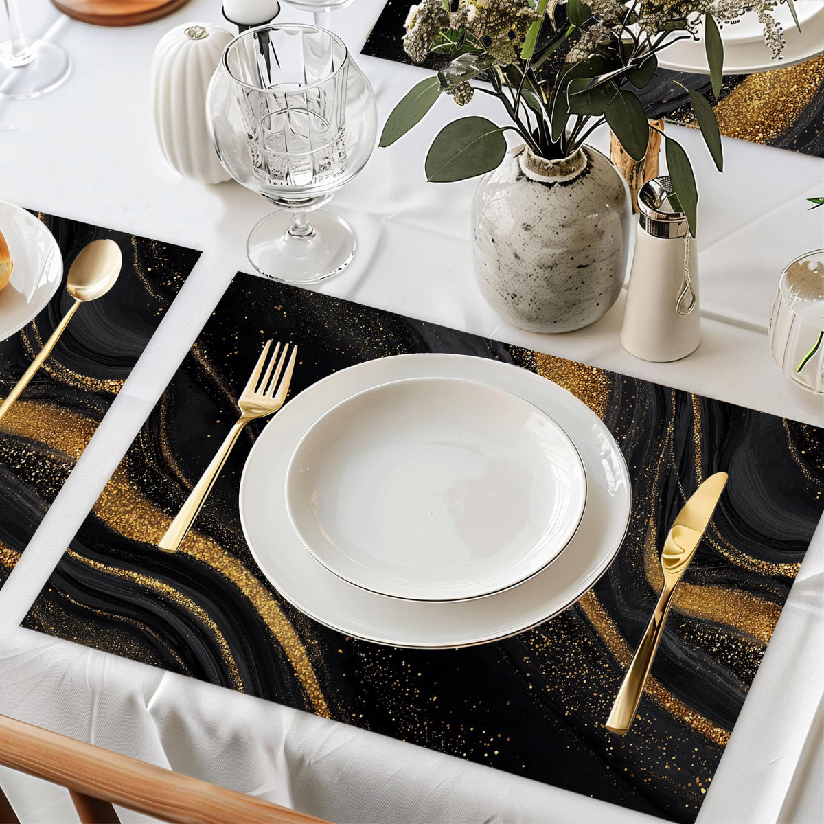 Marble Placemat Set of 6 (Marble Black Gold Flowing Marble)