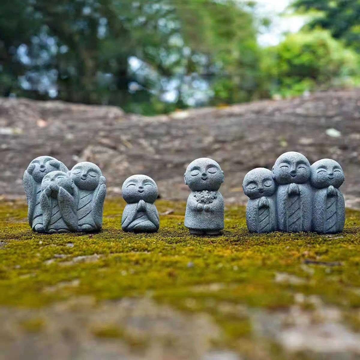 Japanese Monk Statue Praying Zen Sandstone Mini Buddha Statues Asian Garden Sculptures for Wealth Good Luck Feng Shui Home Decor (G)
