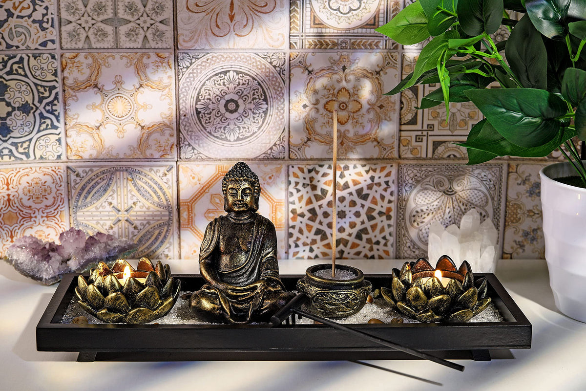 Zen Garden Set Buddha Statue 2 Lotus Tealight Candle Holders (Set 1)