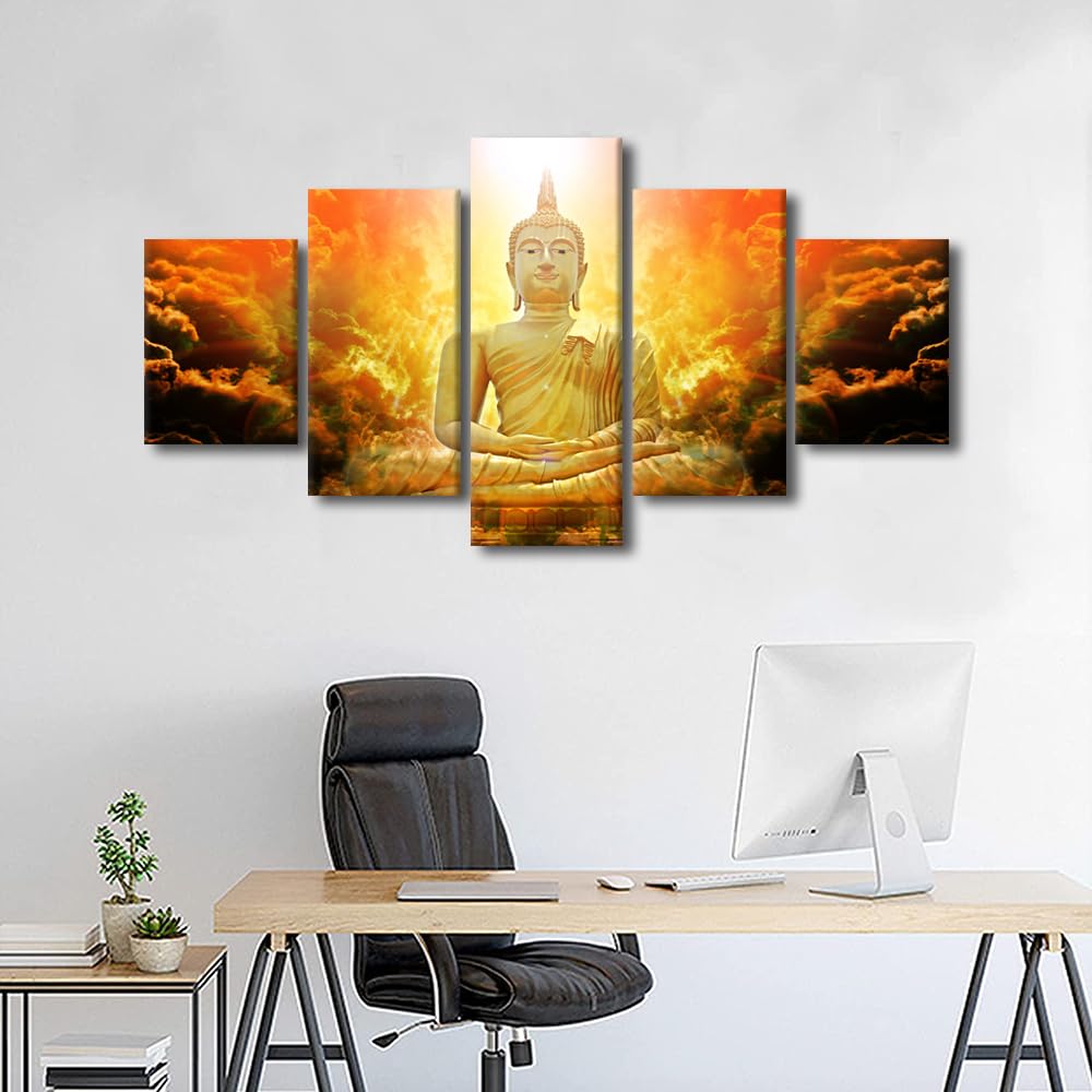 Golden Buddha Canvas Wall Art 5 Panel Bedroom Decor Modern Buddha Sculpture Canvas Poster Prints on Canvas Golden Buddha Heaven Cloud Picture for Office Wall Decor Stretched Ready to Hang 60x32 in (60x32 in / 5PANEL-02)
