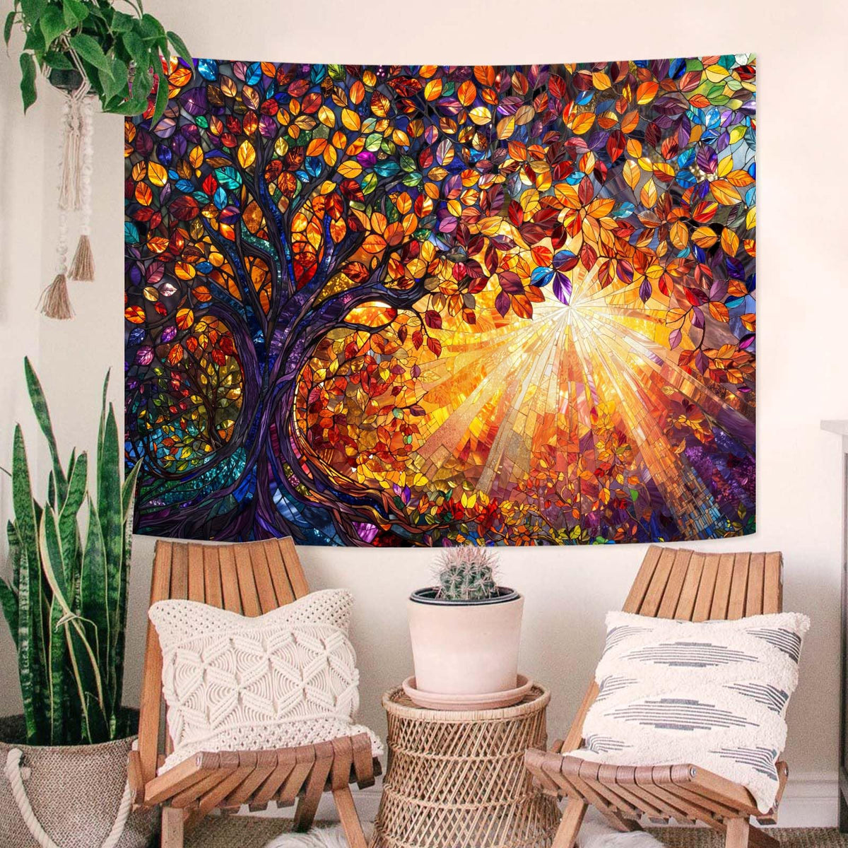 Tree of Life Tapestry Stained Glass Tapestry Wall Decor Tapestries for Bedroom Art Tapestries Wall Hanging for Bedroom Living Room Glass (90"L x 70"W / Colorful Orange)