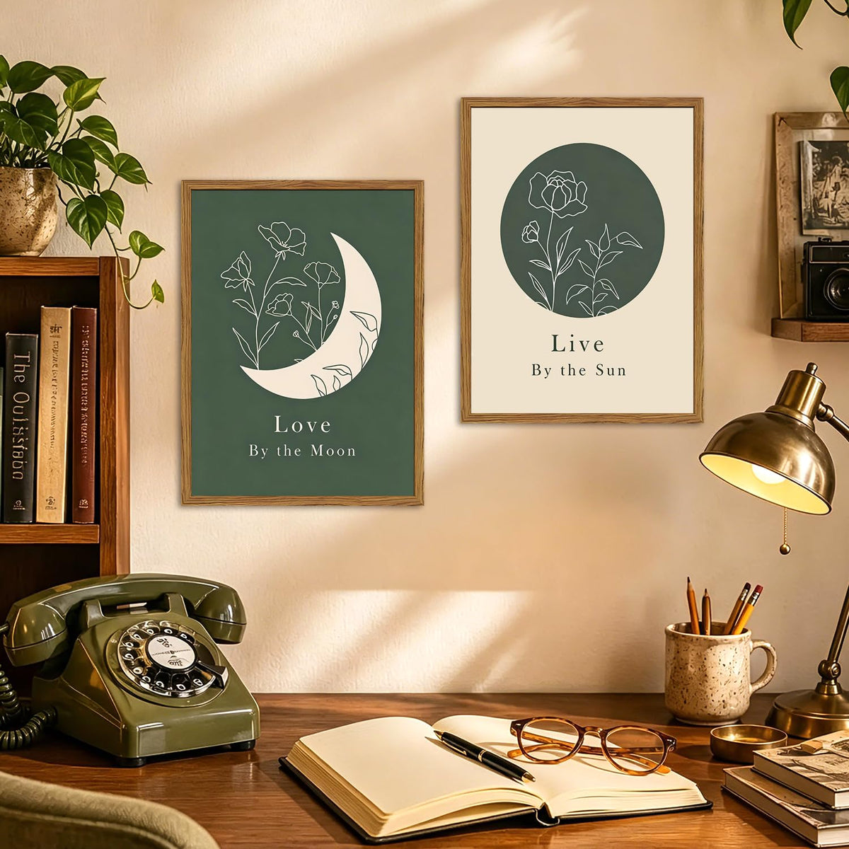 Framed Boho Sun and Moon Wall Art Set of 2 (Boho / 24"L x 16"W)