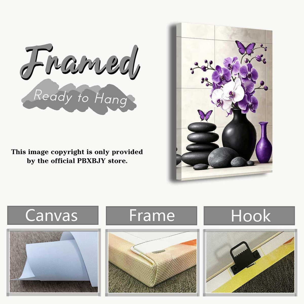 Orchid Flower Canvas Wall Art Zen Bathroom Pictures Prints Spa Stone Butterfly Wall Decor Black White Yoga Meditation Paintings for Living Room Bedroom (Purple / 20"L x 16"W)