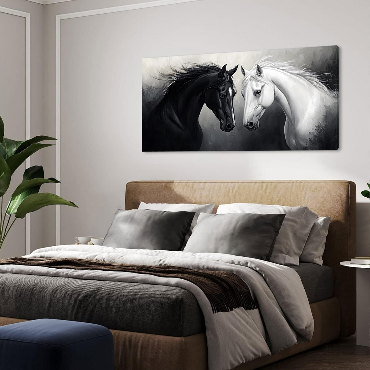 Multicolor Oil Painting Two Horses Wall Art for Living Room Office Classical Art Equine Portrait Painting Prints Vintage Canvas Artwork Dining Bedroom Decor (Abstract / Black White Two Horses Wall Art / 40"L x 20"W)