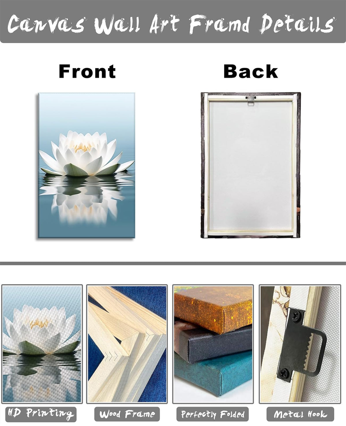 Large Lotus Canvas Art Zen Wall Decor Framed Flower Bloom on Water Pictures Meditation Spiritual Artwork for Living Room Bedroom Yoga Room Ready to Hang (36"L x 24"W / M - Blue)