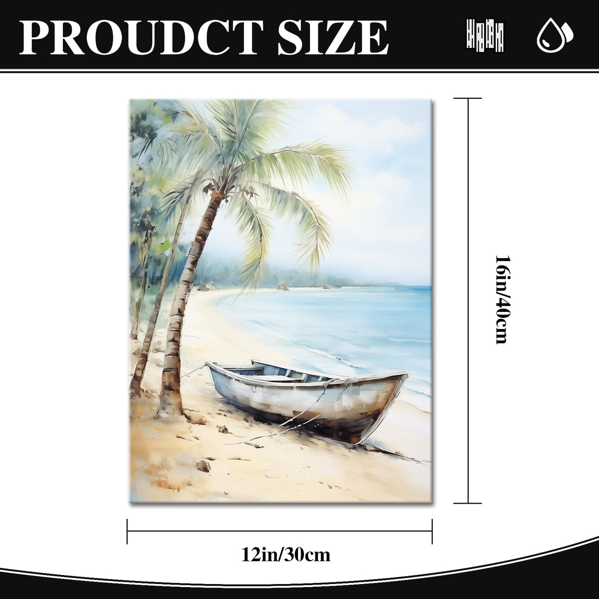 Boat and Palm Trees by the Sea Canvas Wall Art Decor Print Nursery Pictures Home Decor for Living Room Bedroom Wood Framed 12x16 Inches (16"L x 12"W / Boat)