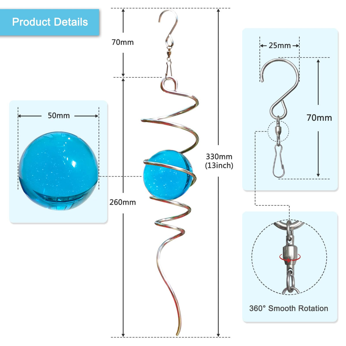 Gazing Ball Spiral Tail with 11inch Tail and 2inch Blue Glass Orb (Blue Glass Orb)