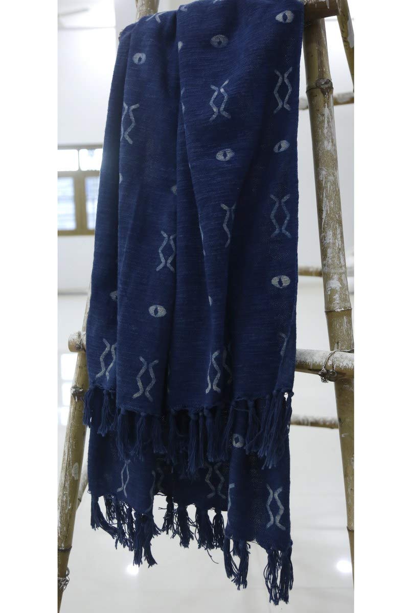 100% Cotton Throw Blanket Indigo Throw Blanket Handloomed Cotton Throw Mudcloth Designer with Tassels Handmade Premium Quality Home Decor (Indigo / Zen (120 x 170 Cms))