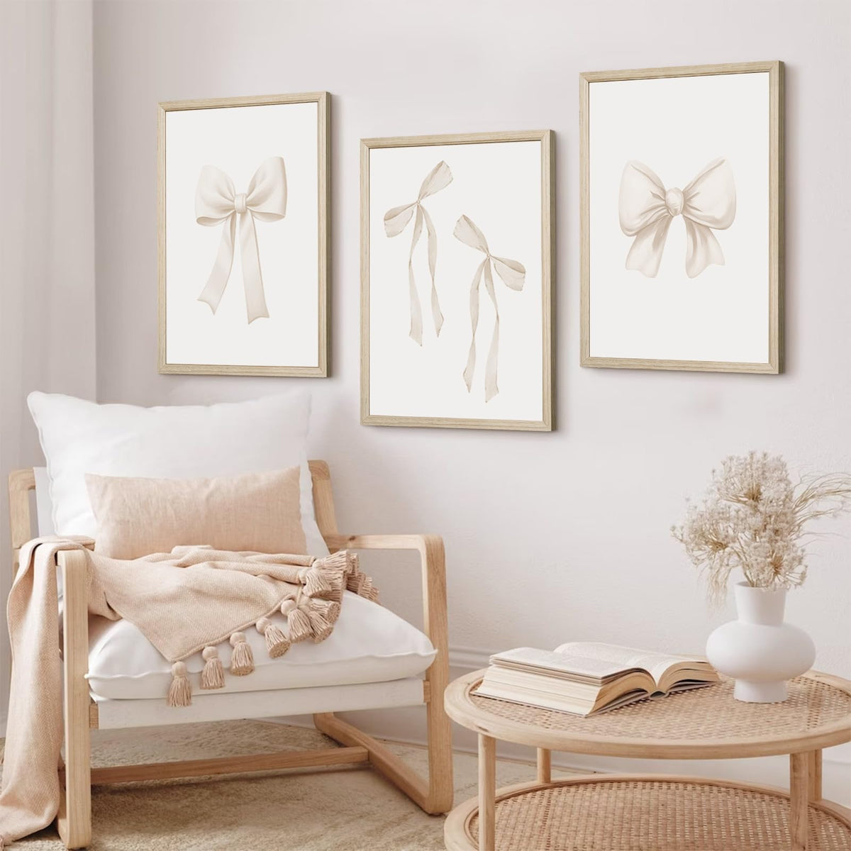 Bow Wall Art Coquette Room Canvas Decor Beige Bow Poster Preppy Wall Deocr Aesthetic Pictures Coquette Girly Posters Nursery Art Prints for Girls Bedroom 16x24 Inch Wood Framed Set of 3 (Beige Bow Prints / 16x24 Inch Framed)