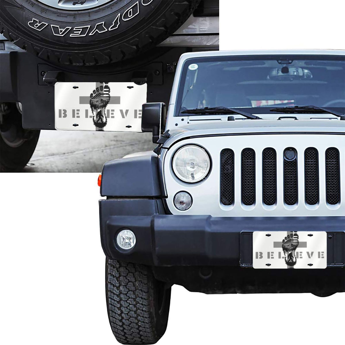 Believe Big Foot Christian Cross American Flag Adventure Mountain Front License Plate Aluminum Decorative License Plates Metal Car Plate 6"X12" Novelty Vanity Tag Cover with 4 Holes Car Decor (Purple / 6 X 12 Inch)