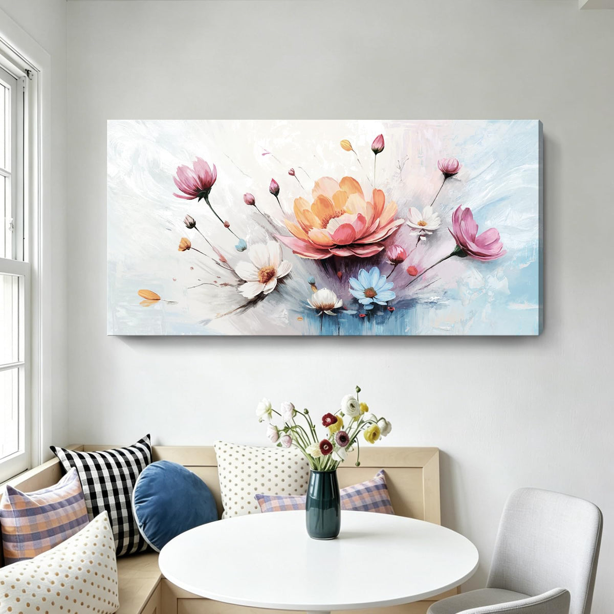 Abstract Floral Wall Art Colorful Canvas For Living Room 48X24 In (Colorful Flower Wall Art / 48"L x 24"W)