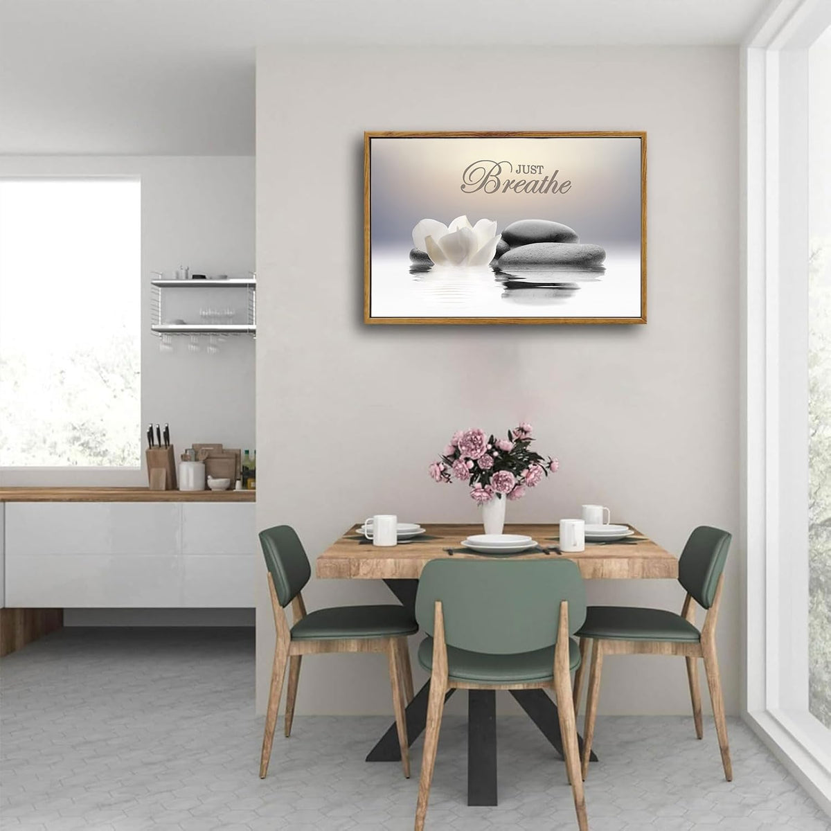 Zen Stone Wall Art White Lotus Flower Prints Artwork Modern Zen Spa Poster Just Breathe Yoga Quotes Pictures Wall Decor for Yoga Room office Bathroom Meditation room 12 x 16 in Unframe (Zen Stone Poster / 12"L x 16"W)