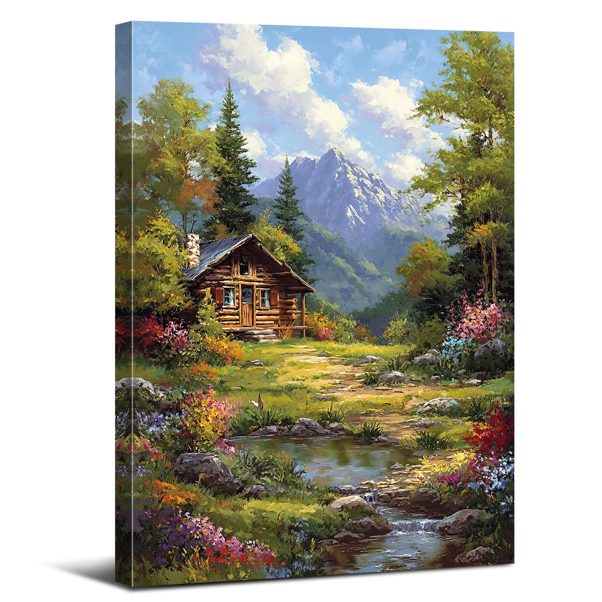 Mountain Froest Wall Art Nature Batonical Canvas Prints for Living Room Natural Landscape Painting Poster Colorful Wildflower Pictures Green Trees Canvas Artwork for Bedroom Home Decorations 16x24" (24"L x 16"W / Wooden House)