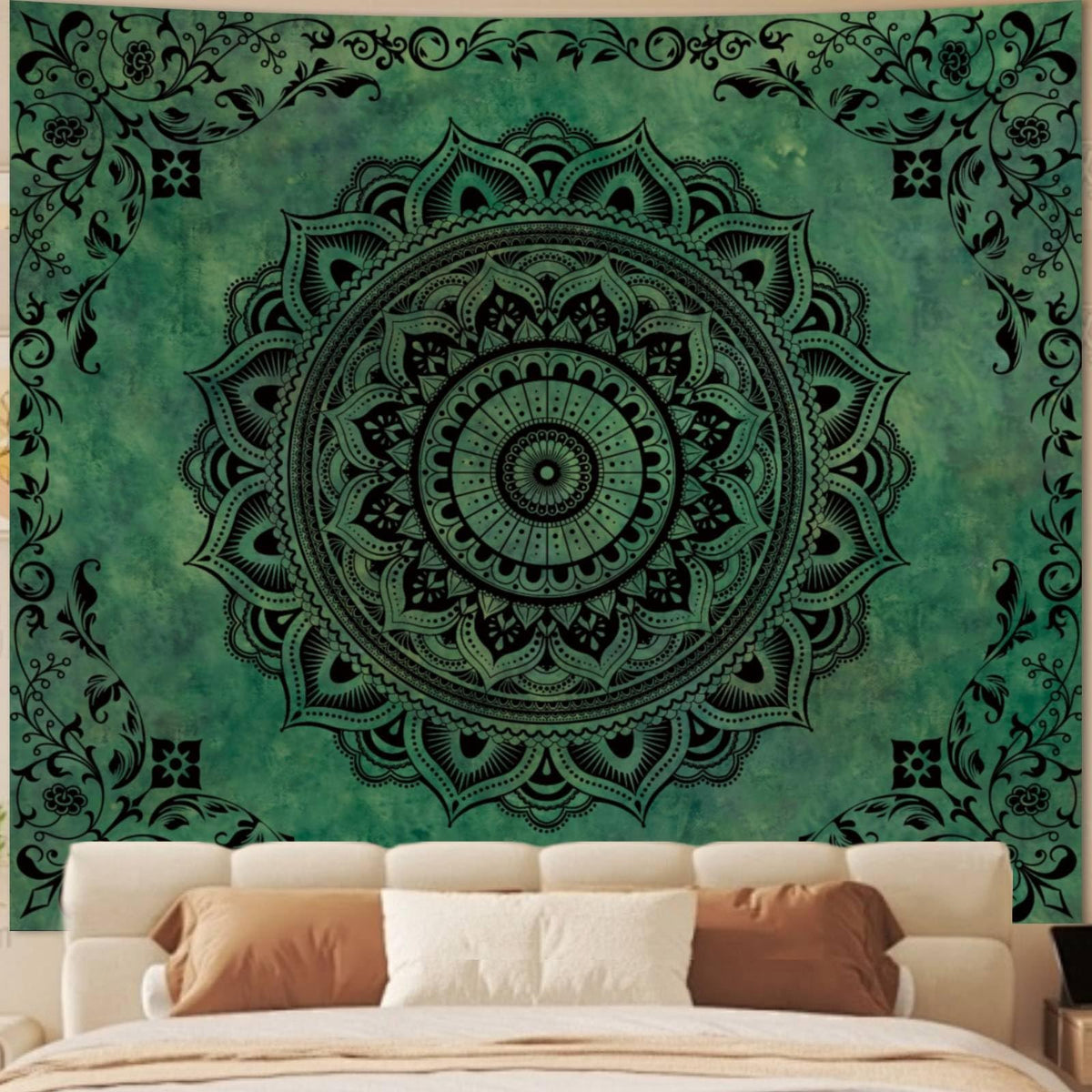Green Hippie Tapestry Wall Hanging (Green Mandala Tapestry / 60"L x 51"W)