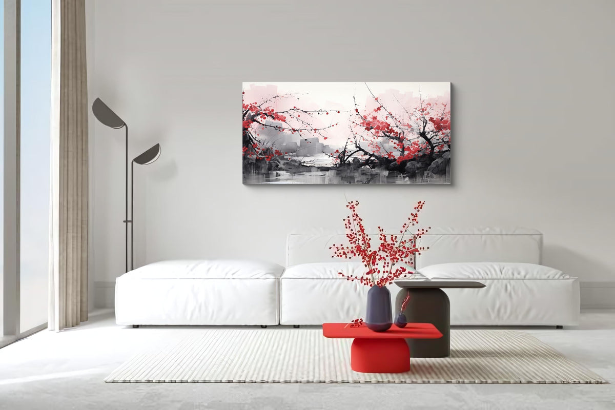 3PCS Asian Ink Style Cherry Blossom Canvas Wall Art Red Plum Flower Landscape Minimalist Zen Nature Scene Oriental Watercolor Artwork for Bedroom Living Room Office or Meditation Space Decor (Red-One Piece-2 / 24x12 inches (1 piece))