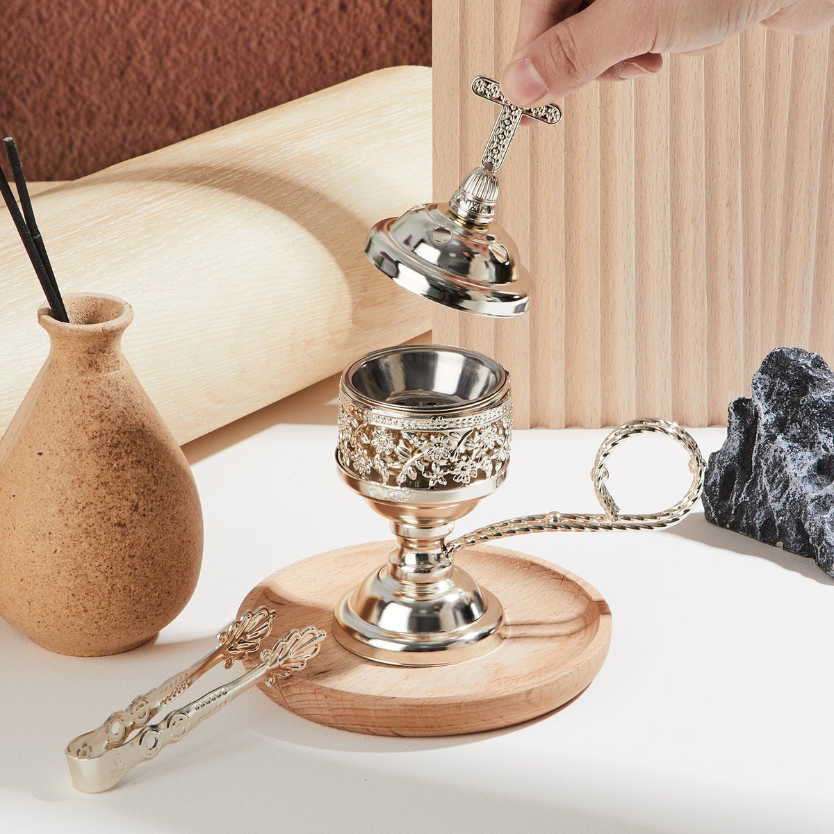 2 Sets Incense Burner with Tong (Silver / Classic)