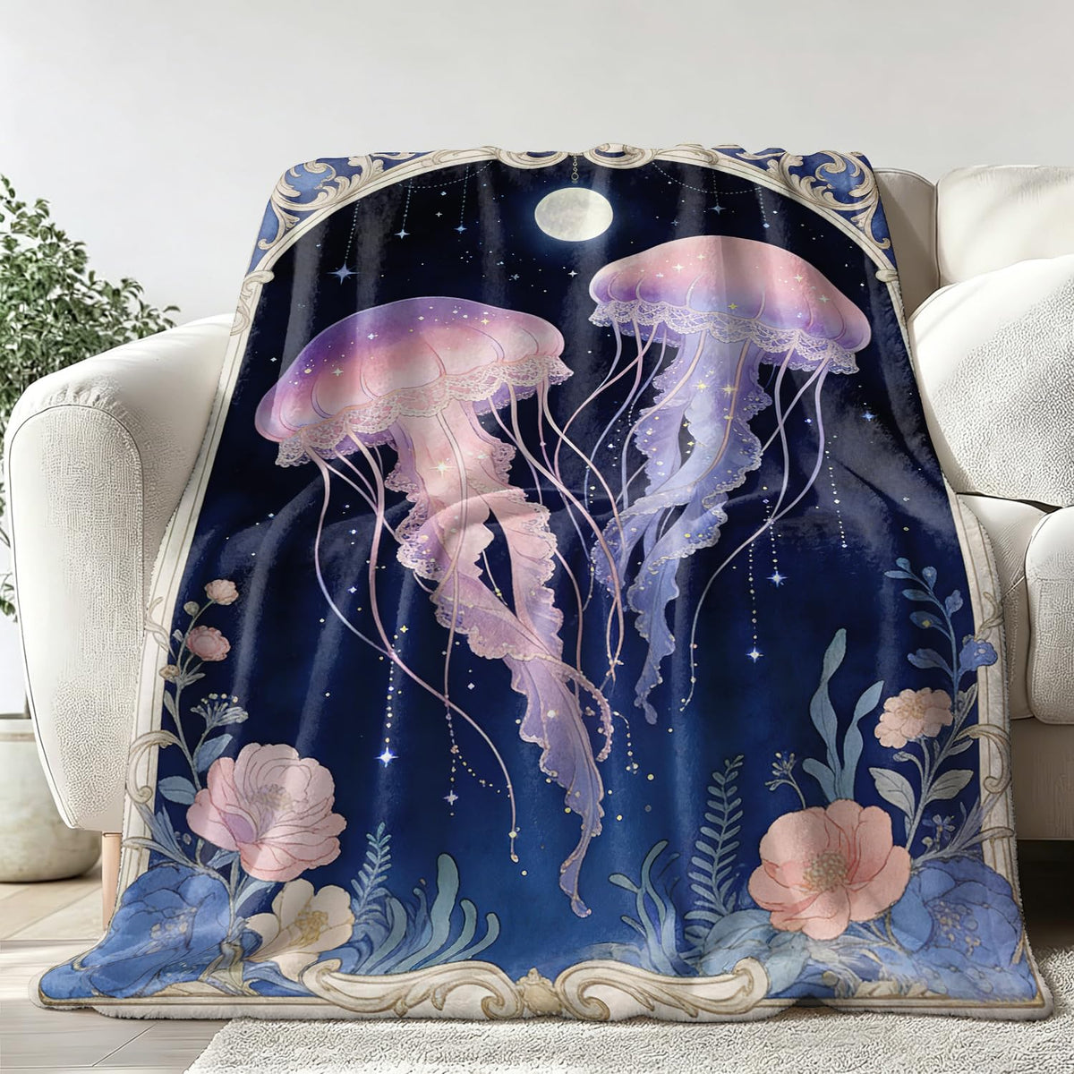 Jellyfish Throw Blanket Fantasy Marine Life Soft Cozy Plush Flannel 60"X80" (Jellyfish / 60"X80")