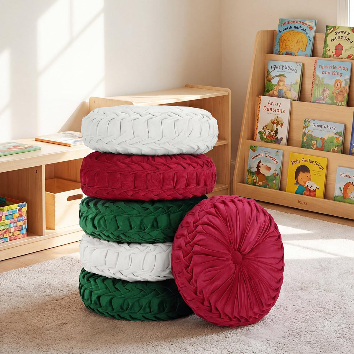 6 Pcs 15" Round Velvet Floor Cushions for Kids (Christmas Color)