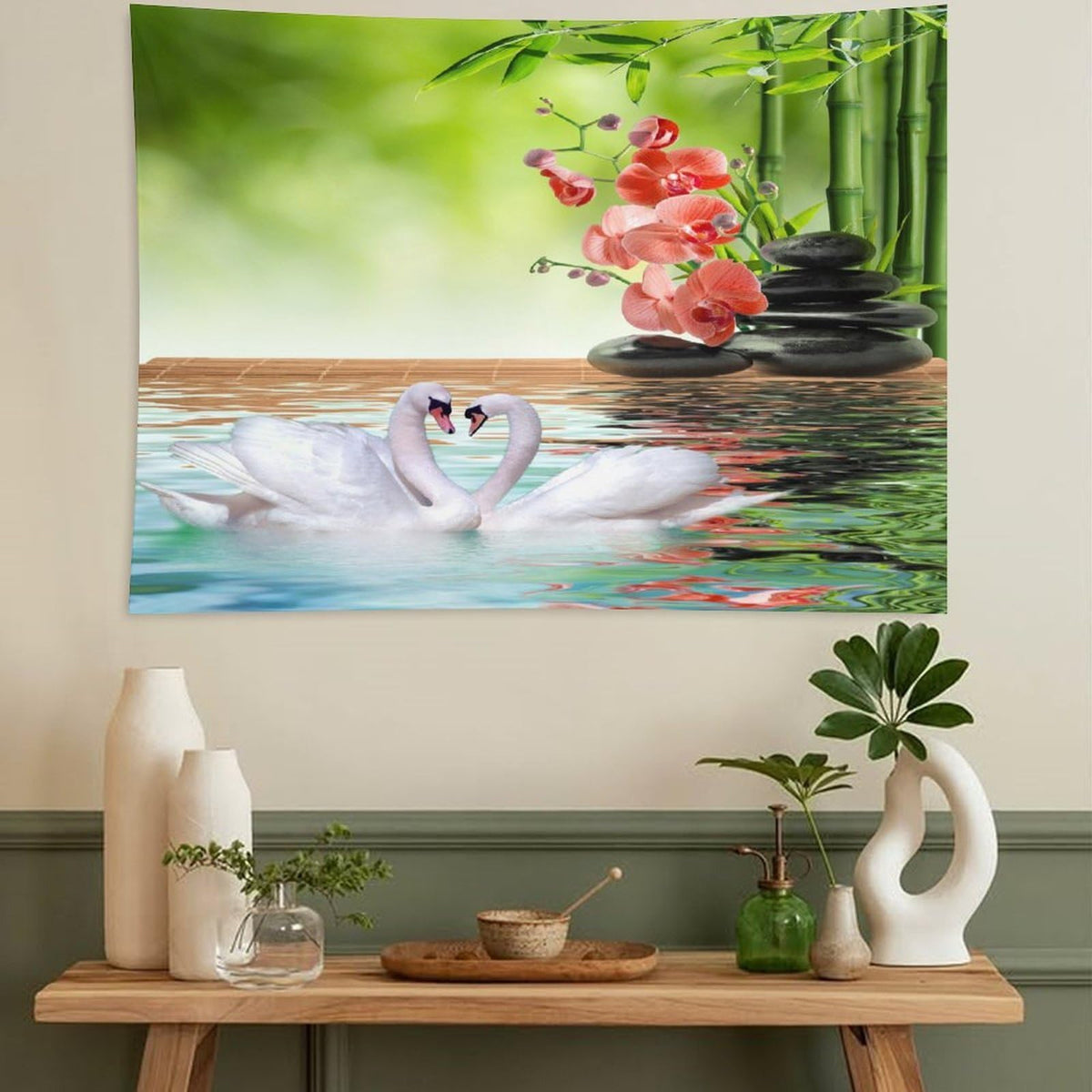 Spa Tapestry Wall Hanging Bamboo Orchid Red White Swan Spa Meditation Relaxing Art Tapestries Home Decor for Living Room Bedroom Farmhouse Kitchen Dorm 30"x40" (30"L x 40"W / Zen-6)