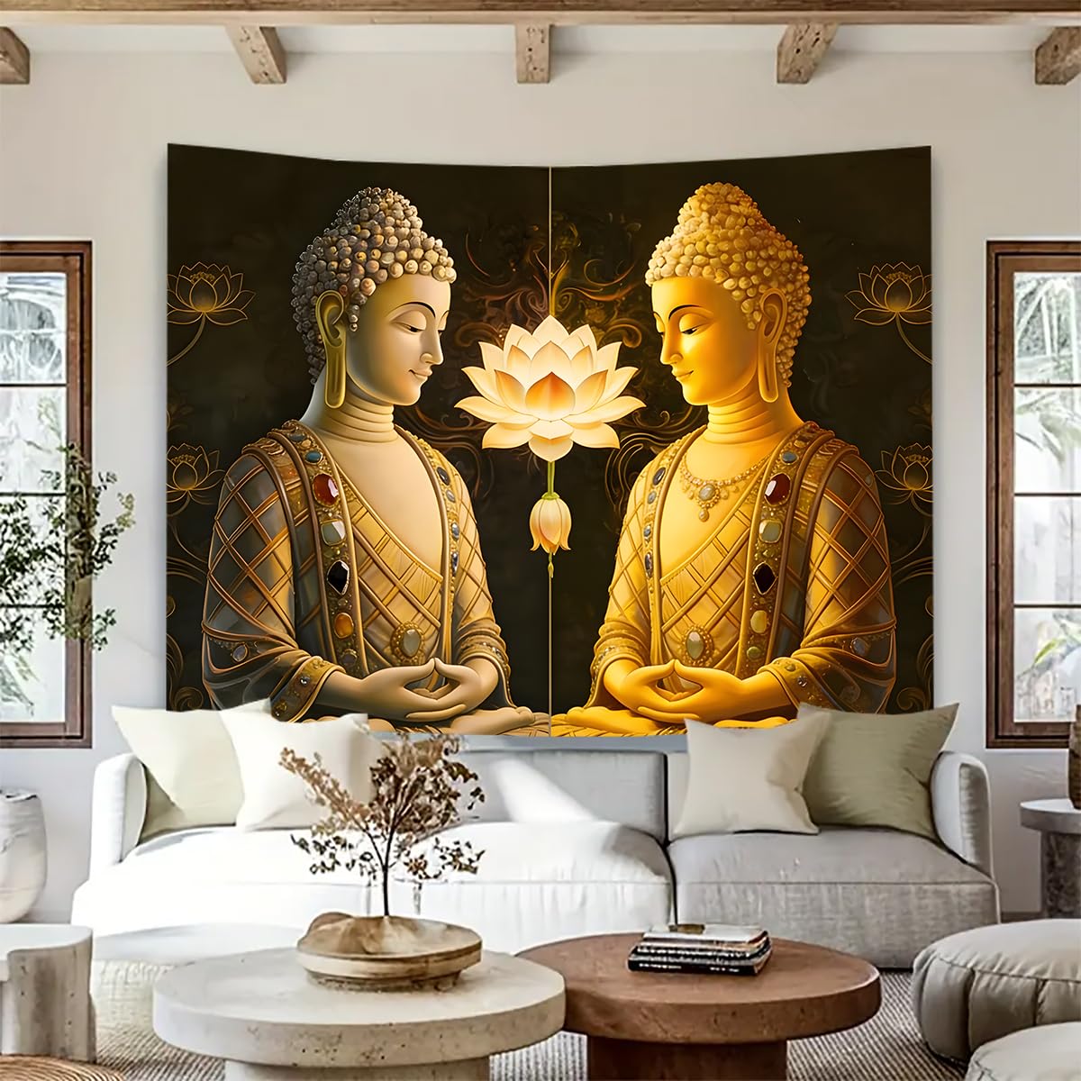 Vintage Sitting Buddha Tapestry Buddha's Light Wall Hanging Buddhist Statue Tapestries Lotus Meditation Wall Decor Psychedelic Indian Zen Art for Bedroom Living Room Home Decor (Golden / 59"L x 51"W)