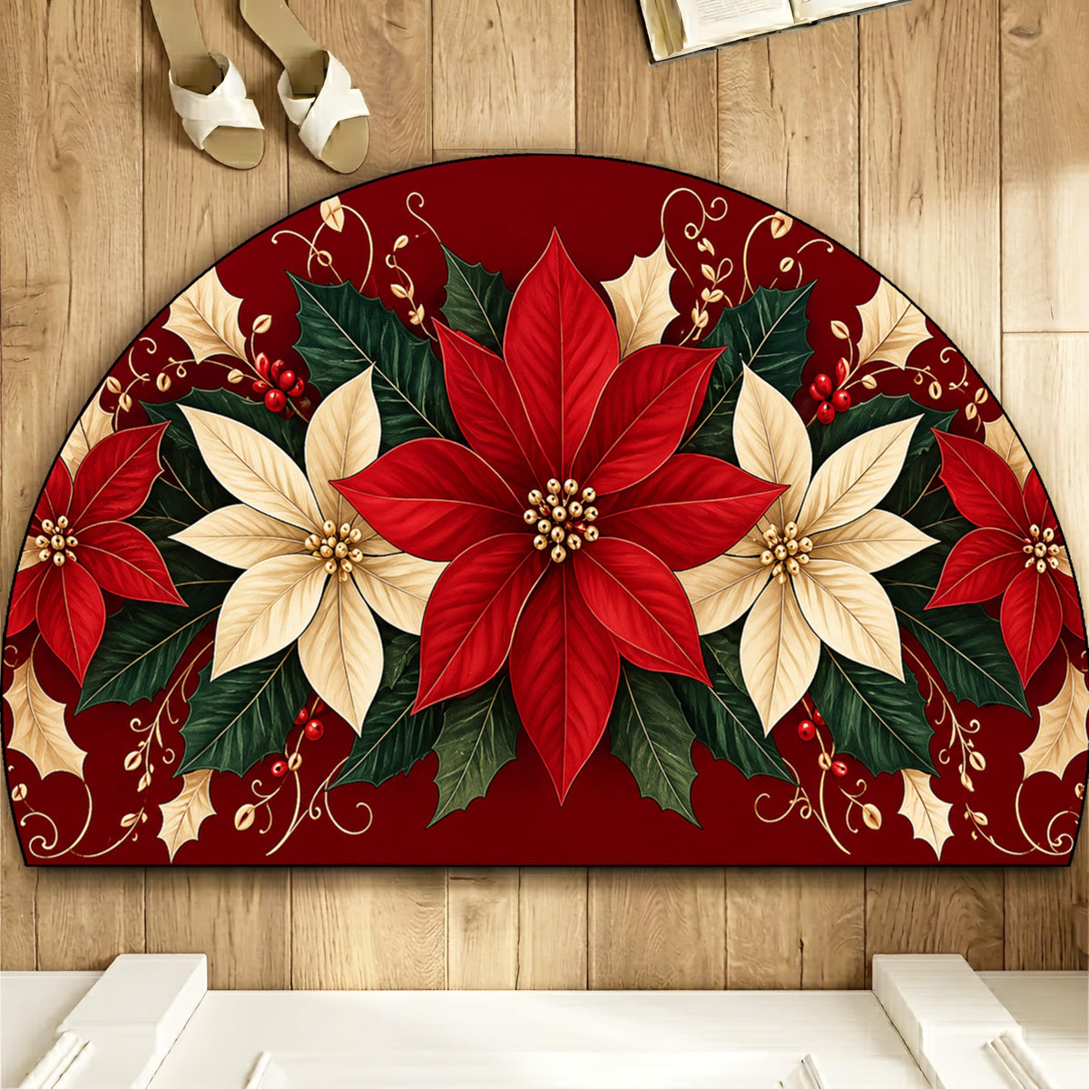 Christmas Poinsettia Half Round Doormat 35.4 x 23.6 Inch (Red Poinsettia / 1'11" x 2'11" (Semicircular))