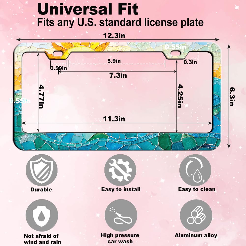 Stained Glass Sunset Beach License Plate Frame Women 2Pc Car Tag (for Blue green Mosaic / 2 pack)