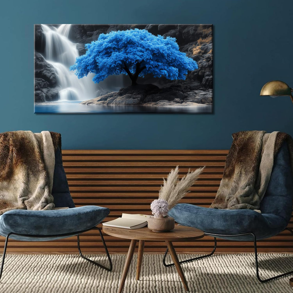 Navy Blue Tree Scenery Wall Art for Living Room Office Waterfall Landscape Art Deco Black and White Scenic Painting Prints Nature Canvas Artwork Over the Couch Bedroom Decor (40"L x 20"W / Navy Blue Tree Wall Art (K868))