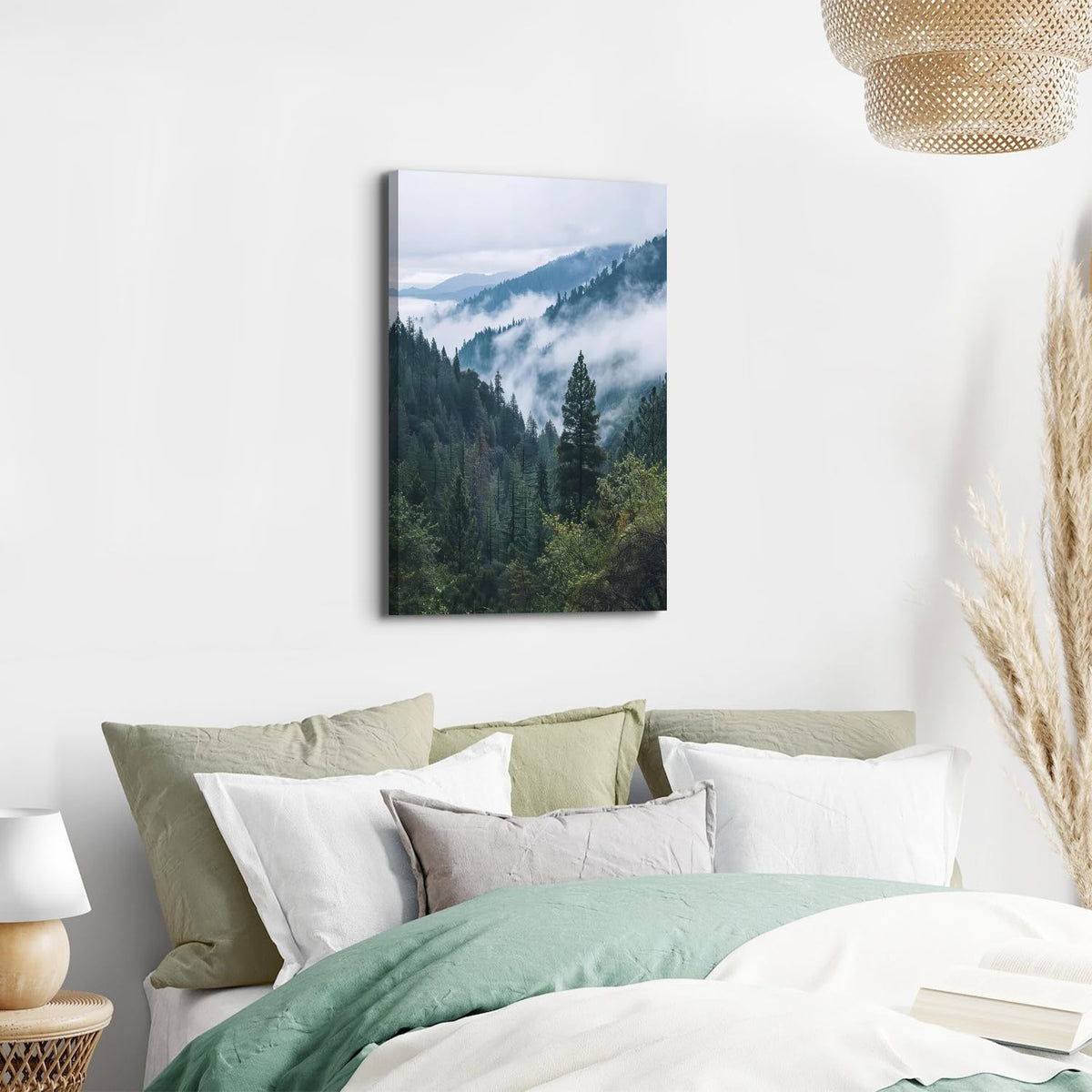 Green Forest Canvas Wall Art Great Smoky Mountain Landscape Picture Decor Misty Trees Painting Poster Modern Nature Scenery Photo Prints Artwork for Living Room Bathroom Home Decorations 16x24” (16"L x 24"W / ZRFJ07)