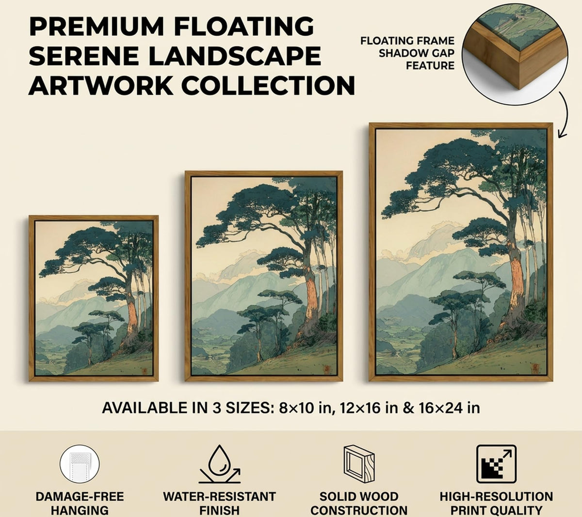 Floating Framed Vintage Japanese Forest Canvas Wall Art (Japanese Green Forest / 10L"x8W")