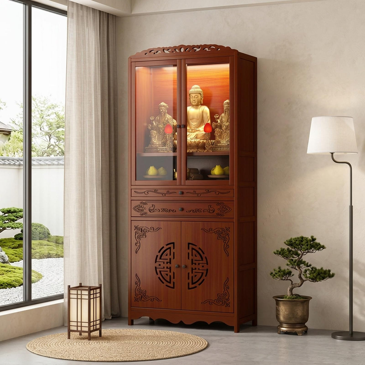 Bamboo Altar Cabinet Temple Altar Table Chinese Buddhist Cabinet with Double Door Storage Buddhist Tables with Drawer for Home Use Personal Meditation Temple for Temples (27.56x12.99x66.93in)