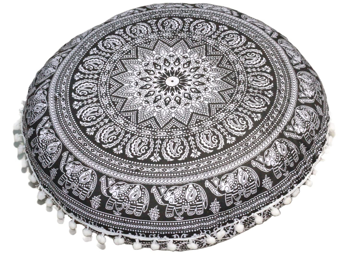 32" Large Round Bohemian Floor Pillow Cover Boho Pouf Cover Mandala Meditation Room Pillows Cover Adults Seating Poufs Cushion Cover for Kids Reading Playroom Black Elephant Flower (Black and White Elephant)