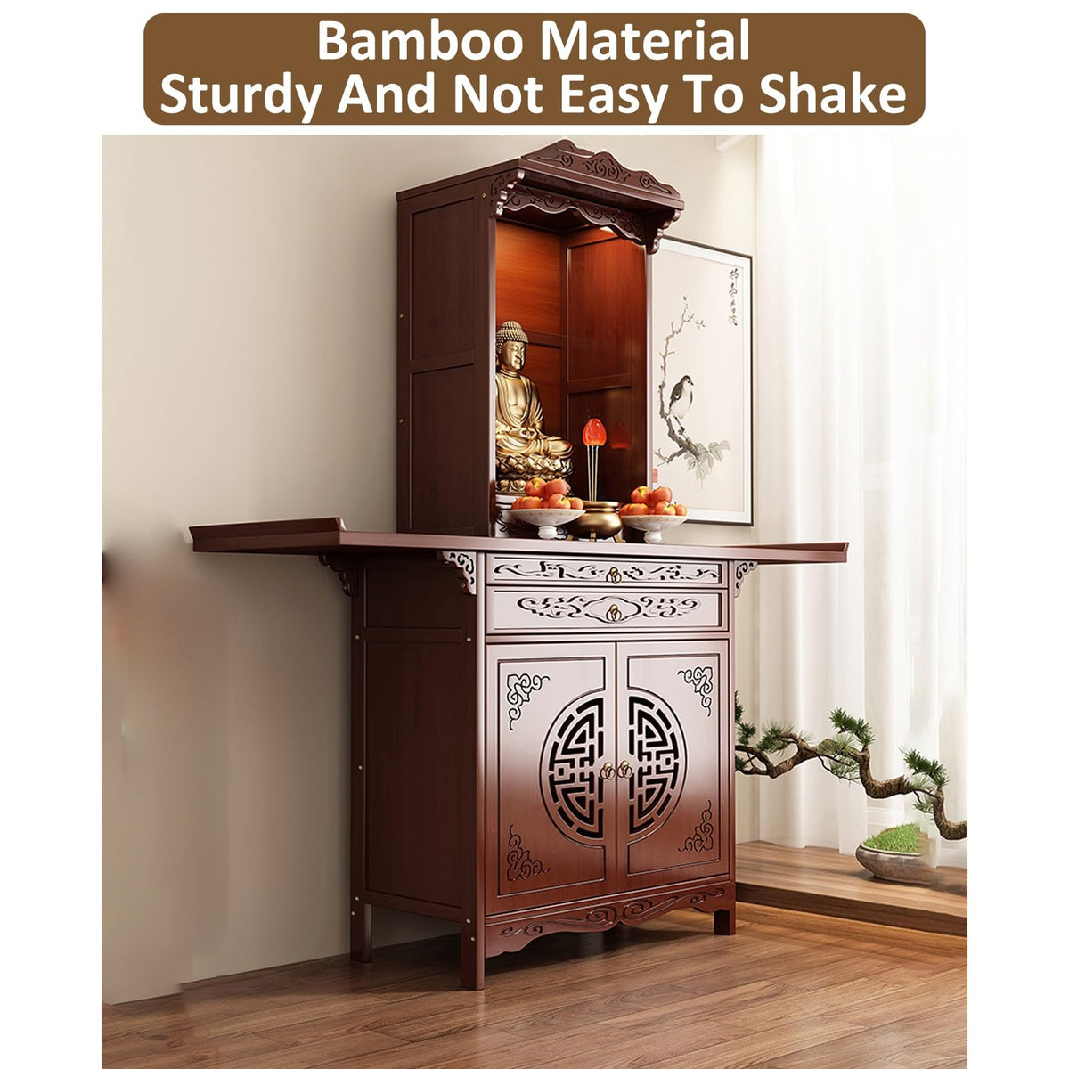 Personal Shrine Altar Table Buddhist Pooja Cabinet Altar Table Multifunctional Chinese Buddha Niche Chinese Cabinet with Drawers and Storage for Family Worship Use (47.24x15.75x74.8in)