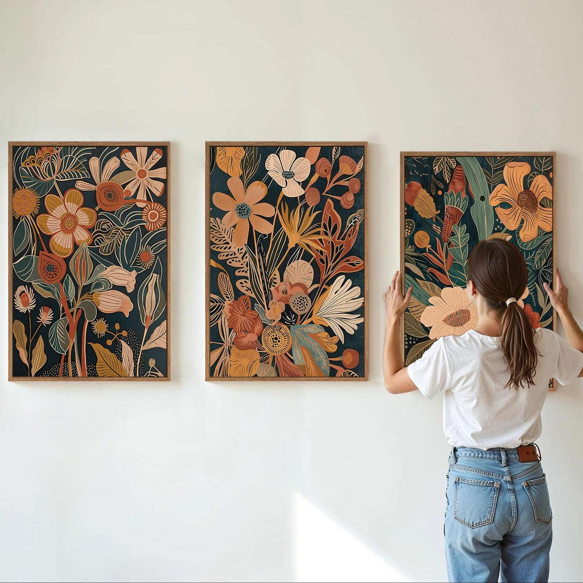 Vintage Burnt Orange Floral Framed Canvas Wall Art Set of 3 (Boho Flower / 24"L x 16"W)