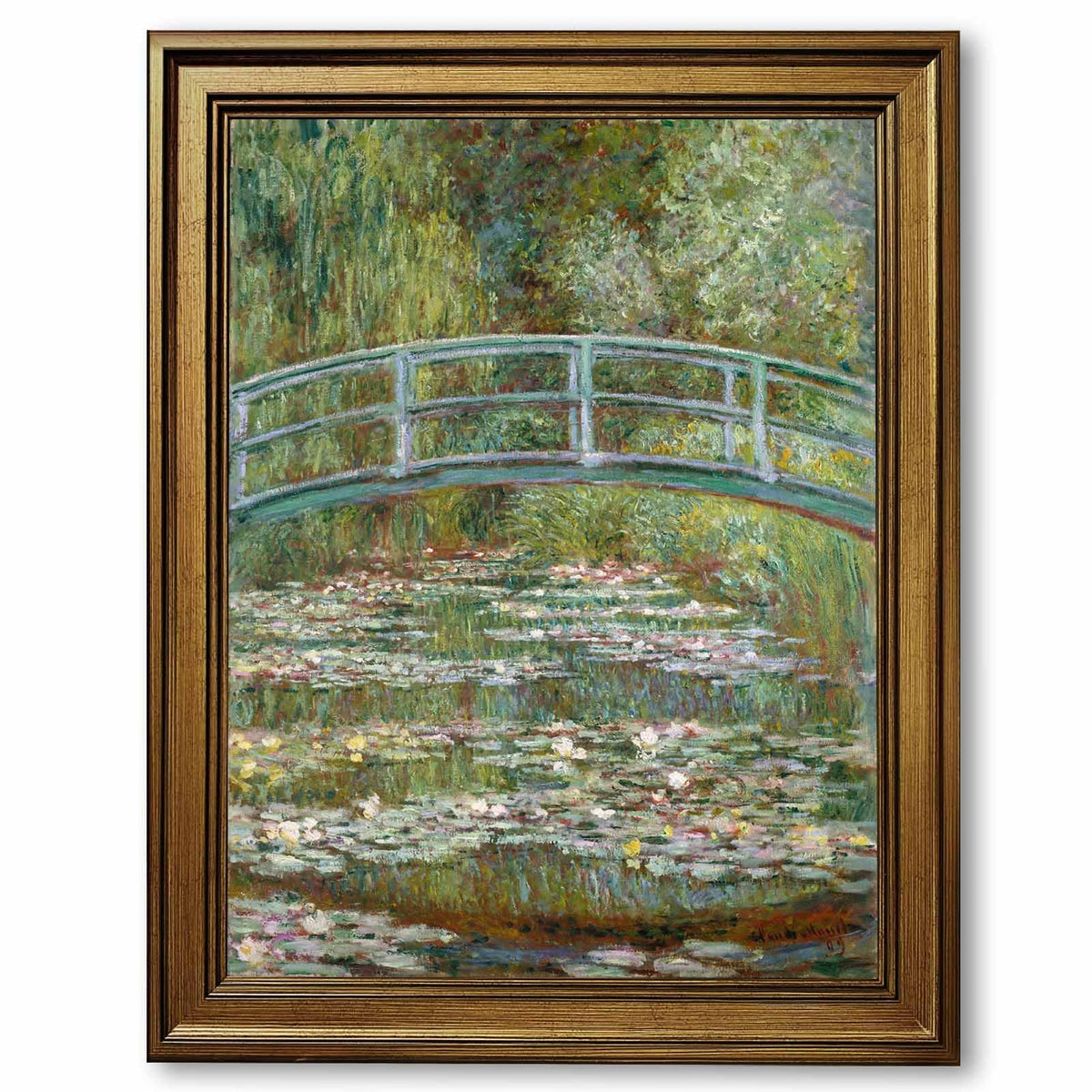 Gold Framed Bridge over a Pond of Water Lilies by Claude Monet Poster Impressionist Wall Art Prints Classic Nature Landscape Oil Painting Reproduction French Canvas Pictures Artwork Decor 20x30inch (20"L x 30"W / Bridge)