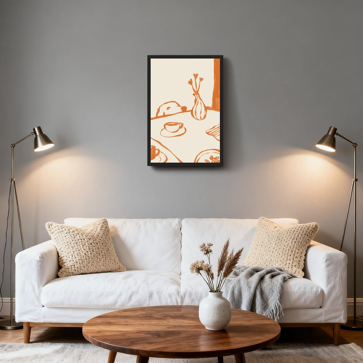 Black Framed Sneaky Dog Breakfast Wall Art Abstract Funny Scandi Diner Canvas Posters Minimalist Orange Painting Prints Animal Sketch Pictures Artwork for Kitchen Nursery Coffee Bar Decor 8x12inch (8"L x 12"W / Dog - Black Frame)