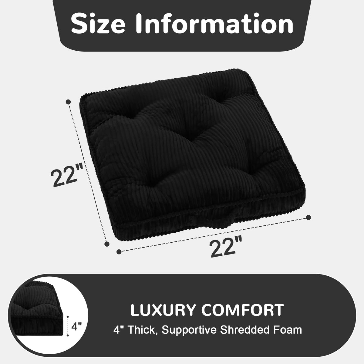 Floor Pillow Set of 2 (Black / 22x22x4 inch)