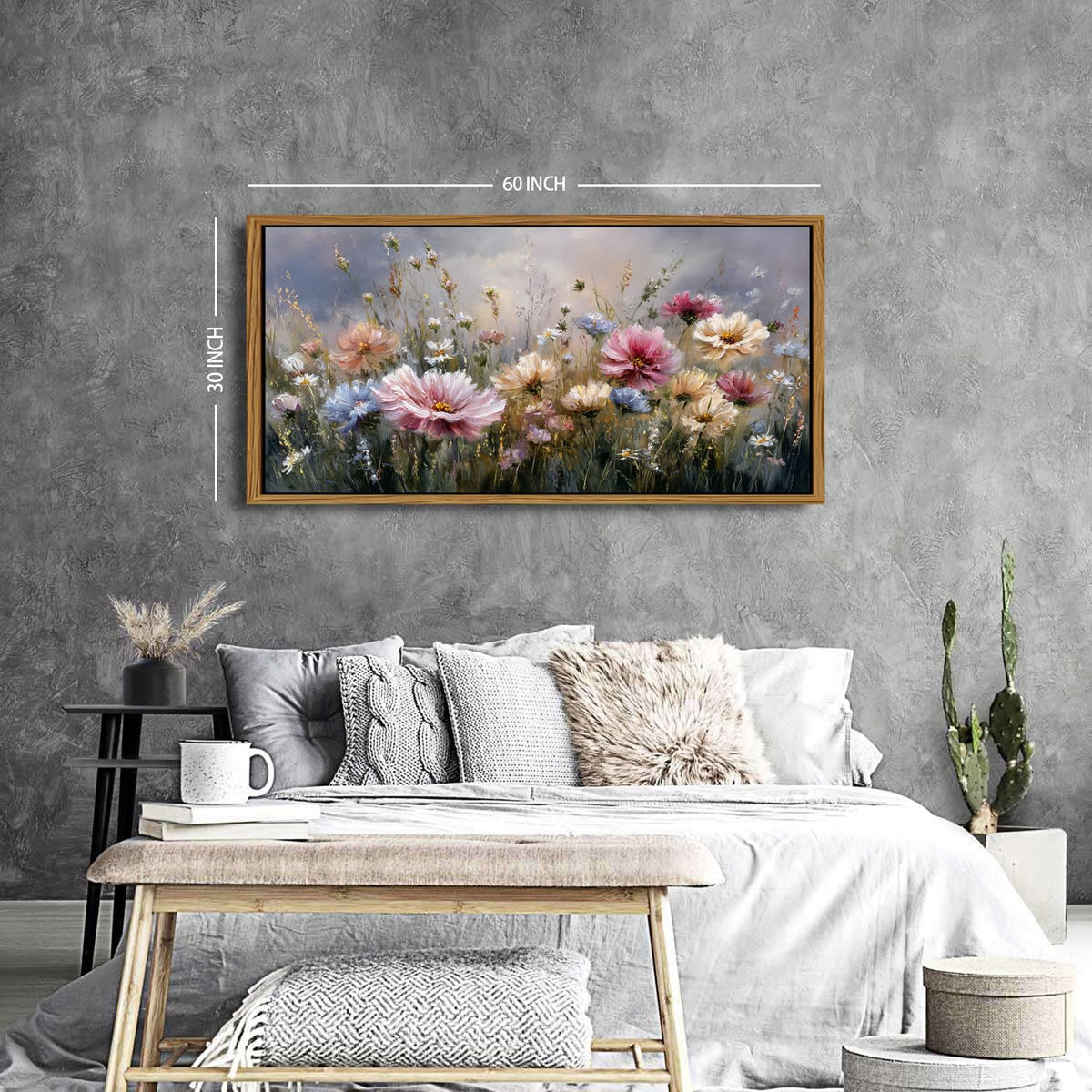 Colorful Pink Floral Wall Art Framed Bedroom Decor Abstract Nature Wildflower Picture Canvas Prints for Living Room Home Decorations (30"L x 57.8"W / Wildflower)