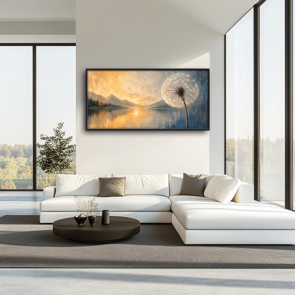 Large Framed Dandelion Wall Art Sunset Landscape Wall Decor 60"x30" (Dandelion / 60"L x 30"W)