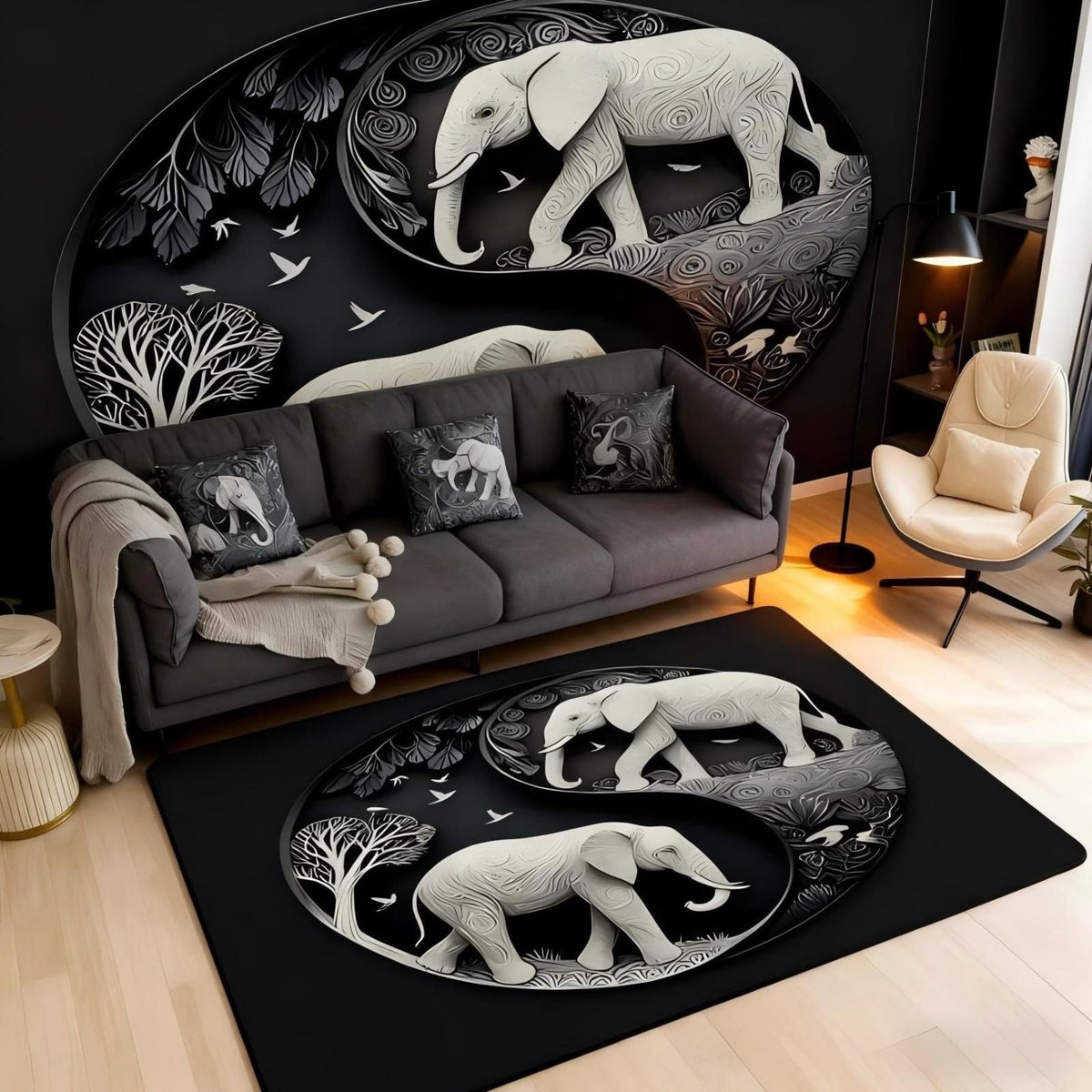 Elephant Large Area Rug 5x7 Bohemian Style Living Room Rug (Black Grey Beige / 4'11" x 6'6" (Rectangular))