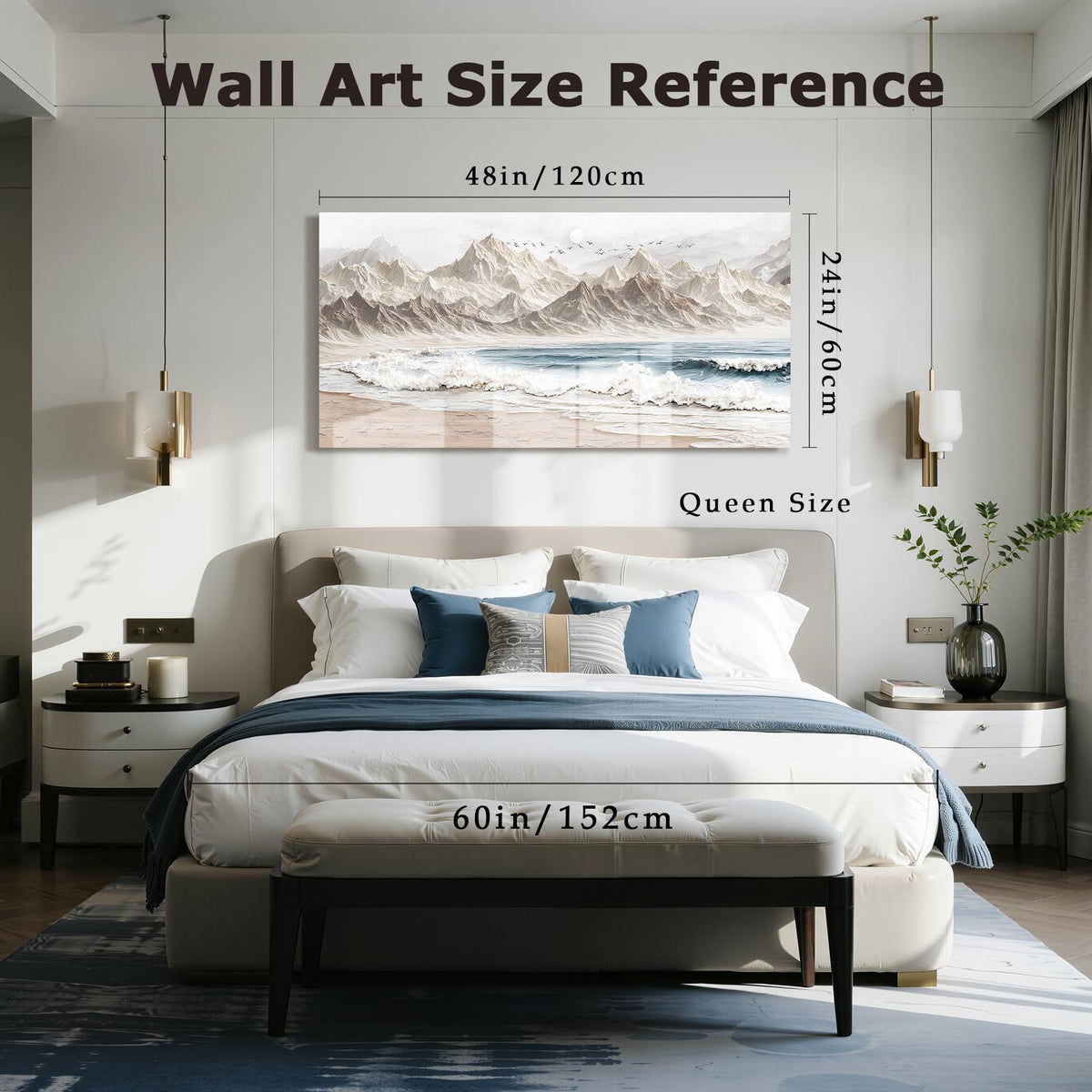 Neutral Mountain Beach Large Wall Art Nature Coastal Decor White (Neutral Beach Print / 48"L x 24"W)