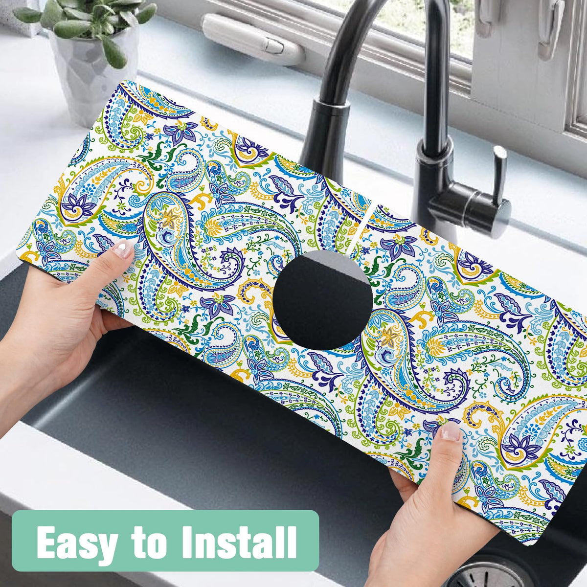 Kitchen Sink Splash Guard Faucet Mat 24" X 5.5" Paisley Absorbent Fast Drying Mat Faucet Draining Mat Sink Splash Guard Behind Faucet Drip Catcher for Kitchen Bathroom (24*5.5in / paisley02)