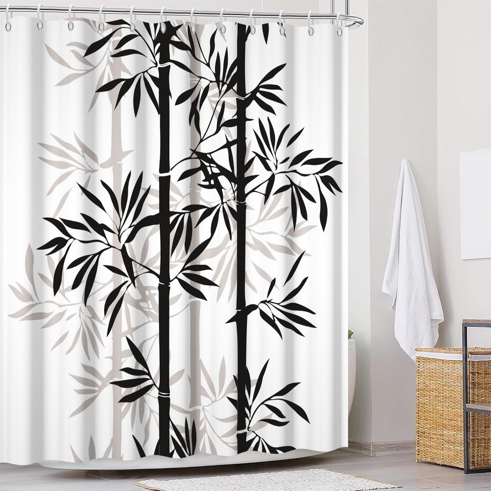Black Grey Bamboo Shower Curtain Asian Chinese Bamboo Bathroom Curtains Oriental Chinese Ink Painting Classic Art Shower Curtain Washable Waterproof Fabric Bathroom Decoration 72x72 Inch (72"W x 72"L (Pack of 1) / White-59)