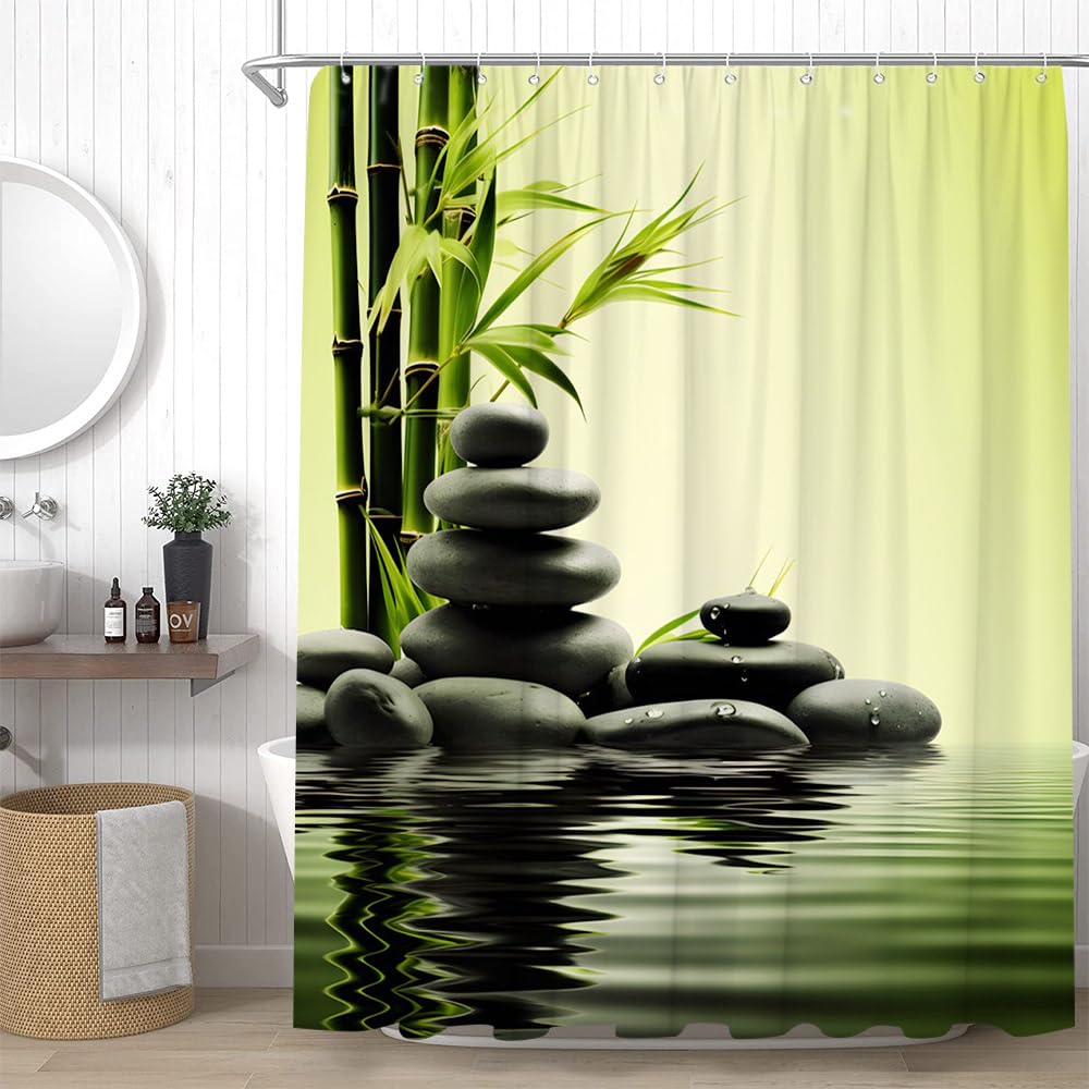 Zen Spa Shower Curtain Asian Japanese Garden Black Stone Bamboo Meditation Green Bathroom Decor Curtains Set with Hooks (70"W x 78"L (Pack of 1))