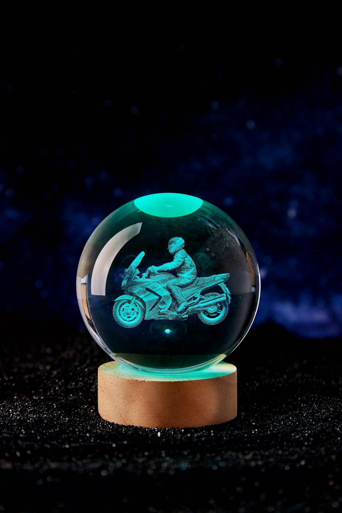 Large Motorcycle Crystal Ball Night Light with Woodern Base (motorcycle)