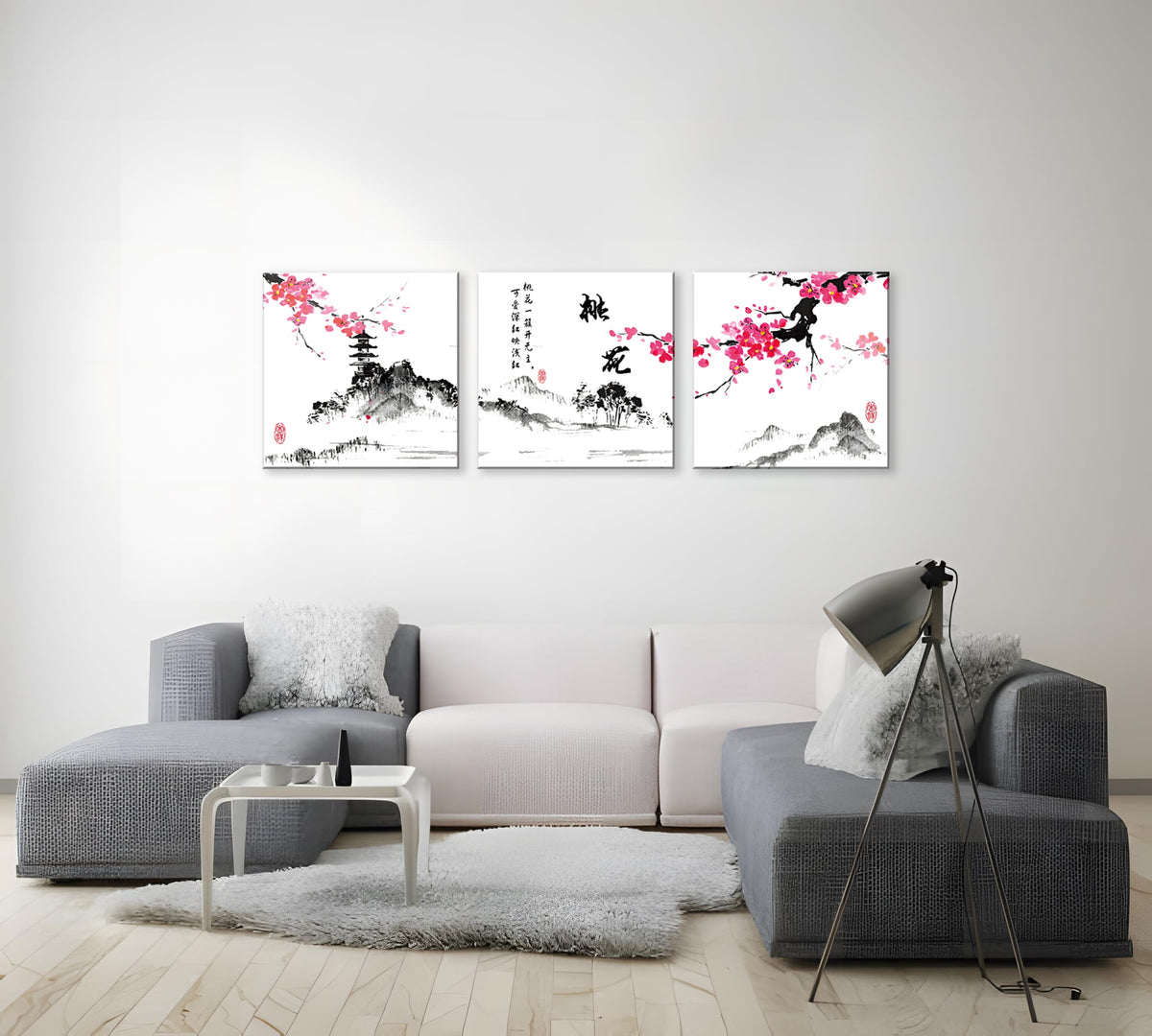 Small Size Traditional Chinese Painting of Peach Blossom Canvas Prints 3 Panels Calligraphy Art Paintings Wall Art Poem Print Painting Framed 20x20inches 3pcs (Peach blossom / 20x20 inches (3 pieces))