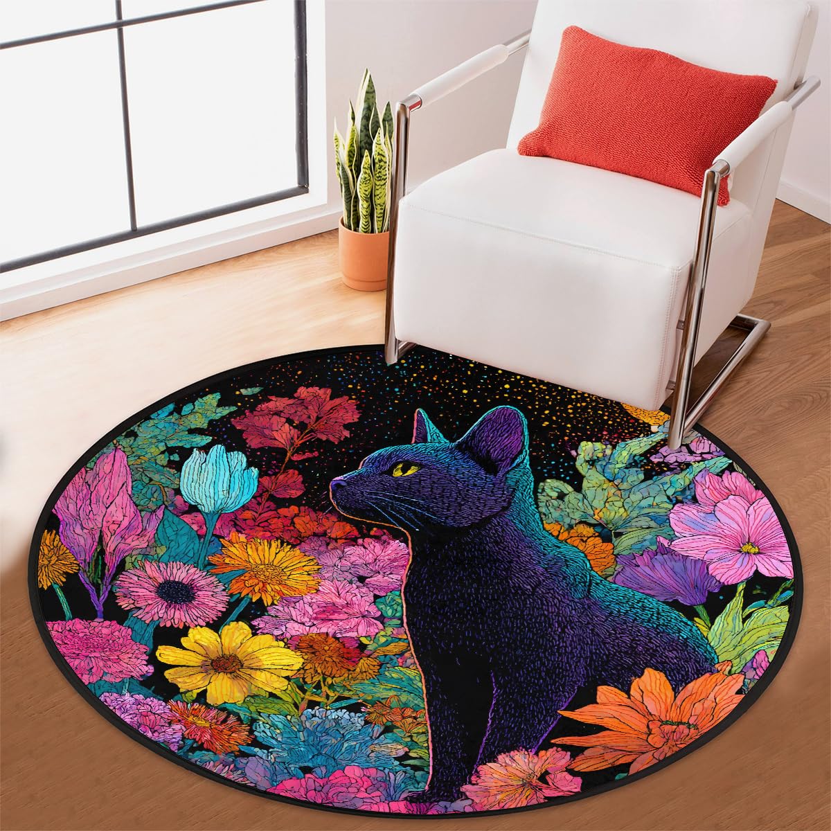 3 Ft Cat Flowers Round Rug Circle Area Rugs Circular Door Mat for Indoor (Color42 / 3' (Round))