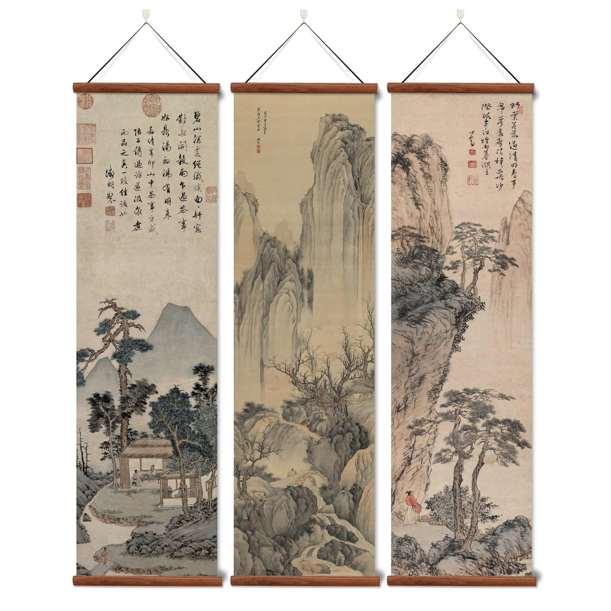 Chinese Ancient Landscape Scroll Wall Art Poster (landscape-BW / 12"x41"x3 Piece)