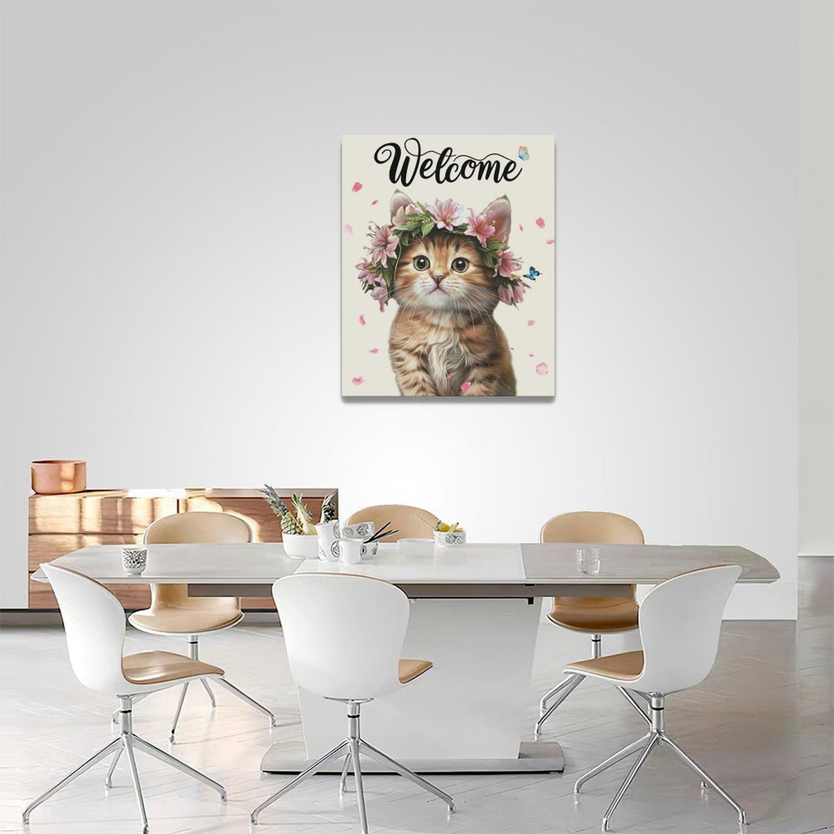 Cat Wall Art Welcome Cat Pictures Wall Decor Flower Canvas Painting Home Modern Artwork Decorations Framed for Bathroom Living Room Bedroom Office 16 x 20 inch (20L" x 16W" / Cat)