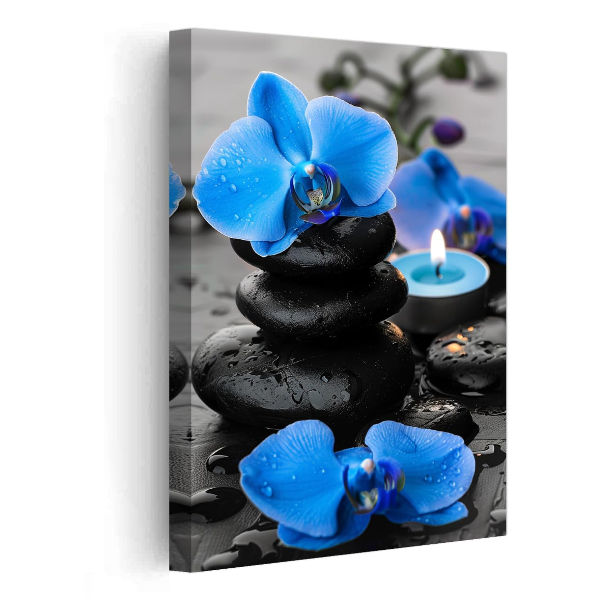 Bathroom Wall Art Orchid Flower with Black Zen Stone Pictures SPA Candle Picture Prints Still Life Canvas Painting for Meditation Spiritual Room Decor (Blue / 12"L x 18"W)