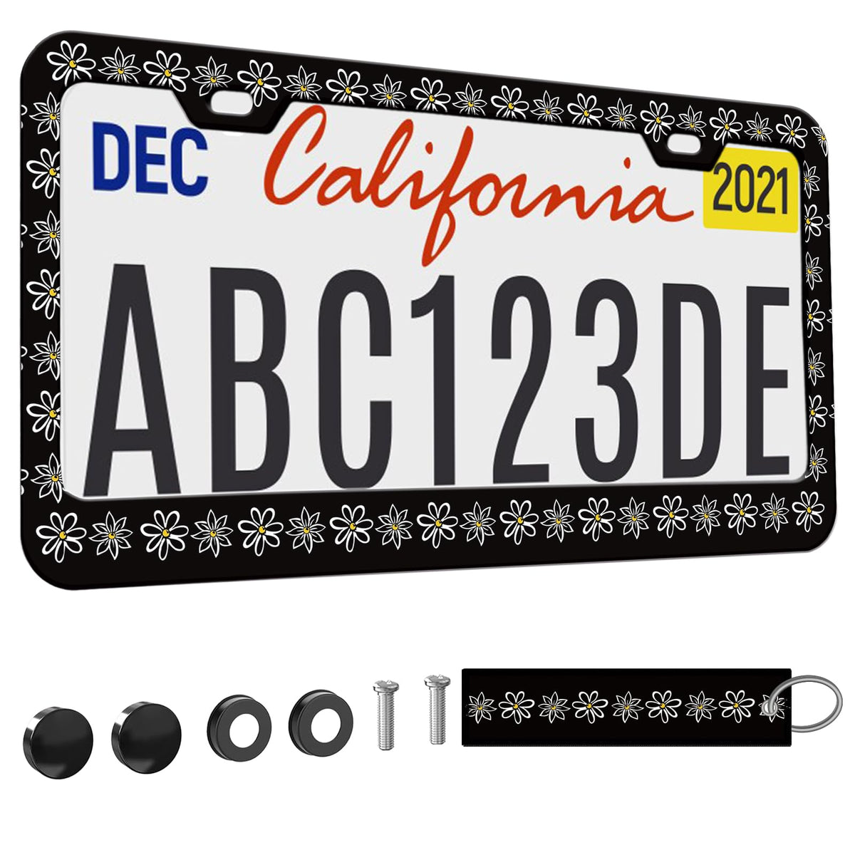 Black White Floral License Plate Frame for Women 1Pc Car Tag (for Floral-Daisy b / 1 pack)